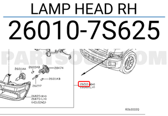 Nissan 260107S625 LAMP HEAD RH