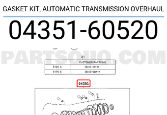 Toyota 0435160520 GASKET KIT, AUTOMATIC TRANSMISSION OVERHAUL