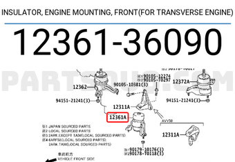 Toyota 1236136090 INSULATOR, ENGINE MOUNTING, FRONT(FOR TRANSVERSE ENGINE)