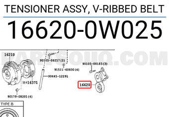 Toyota 166200W025 TENSIONER ASSY, V-RIBBED BELT
