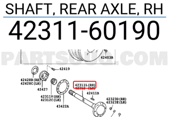 Toyota 4231160190 SHAFT, REAR AXLE, RH