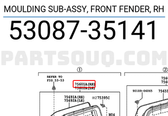 Toyota 5308735141 MOULDING SUB-ASSY, FRONT FENDER, RH