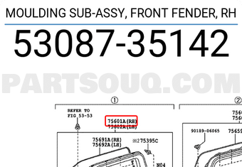 Toyota 5308735142 MOULDING SUB-ASSY, FRONT FENDER, RH