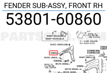 Toyota 5380160860 FENDER SUB-ASSY, FRONT RH