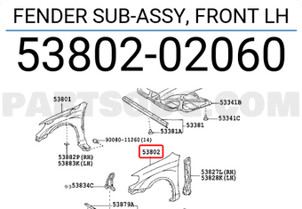 Toyota 5380202060 FENDER SUB-ASSY, FRONT LH