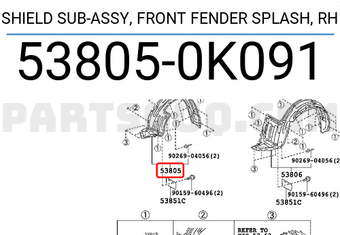 Toyota 538050K091 SHIELD SUB-ASSY, FRONT FENDER SPLASH, RH