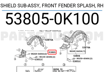 Toyota 538050K100 SHIELD SUB-ASSY, FRONT FENDER SPLASH, RH