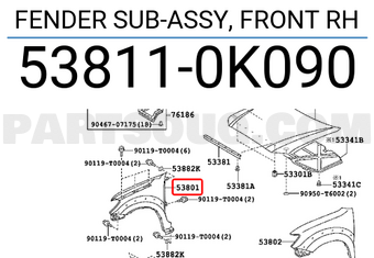 Toyota 538110K090 FENDER SUB-ASSY, FRONT RH