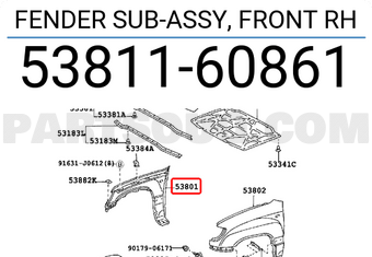 Toyota 5381160861 FENDER SUB-ASSY, FRONT RH