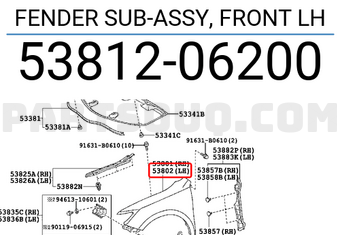 Toyota 5381206200 FENDER SUB-ASSY, FRONT LH