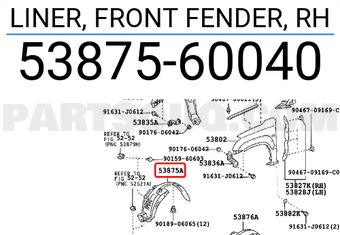 Toyota 5387560040 LINER, FRONT FENDER, RH