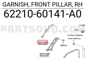 Toyota 6221060141A0 GARNISH, FRONT PILLAR, RH
