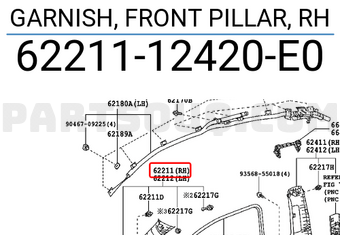 Toyota 6221112420E0 GARNISH, FRONT PILLAR, RH