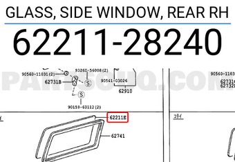 Toyota 6221128240 GLASS, SIDE WINDOW, REAR RH