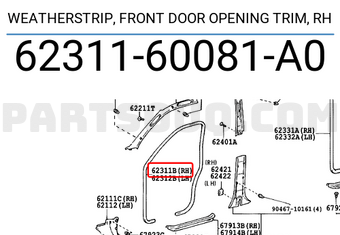 Toyota 6231160081A0 WEATHERSTRIP, FRONT DOOR OPENING TRIM, RH