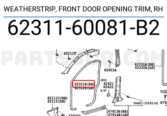 Toyota 6231160081B2 WEATHERSTRIP, FRONT DOOR OPENING TRIM, RH
