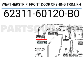 Toyota 6231160120B0 WEATHERSTRIP, FRONT DOOR OPENING TRIM, RH