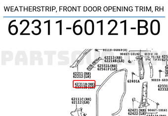 Toyota 6231160121B0 WEATHERSTRIP, FRONT DOOR OPENING TRIM, RH