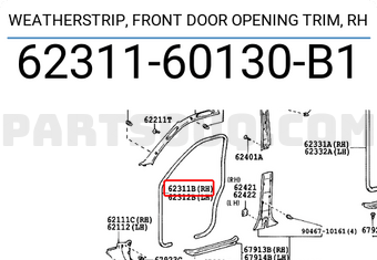 Toyota 6231160130B1 WEATHERSTRIP, FRONT DOOR OPENING TRIM, RH