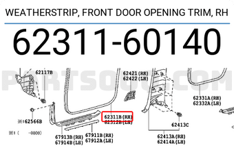 Toyota 6231160140 WEATHERSTRIP, FRONT DOOR OPENING TRIM, RH