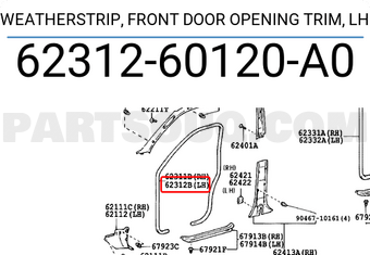 Toyota 6231260120A0 WEATHERSTRIP, FRONT DOOR OPENING TRIM, LH