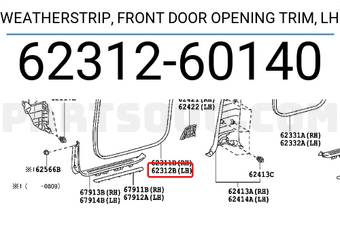 Toyota 6231260140 WEATHERSTRIP, FRONT DOOR OPENING TRIM, LH