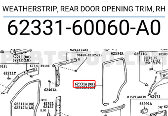 Toyota 6233160060A0 WEATHERSTRIP, REAR DOOR OPENING TRIM, RH