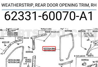 Toyota 6233160070A1 WEATHERSTRIP, REAR DOOR OPENING TRIM, RH