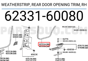 Toyota 6233160080 WEATHERSTRIP, REAR DOOR OPENING TRIM, RH