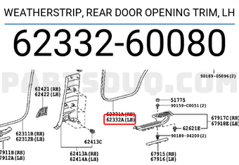 Toyota 6233260080 WEATHERSTRIP, REAR DOOR OPENING TRIM, LH
