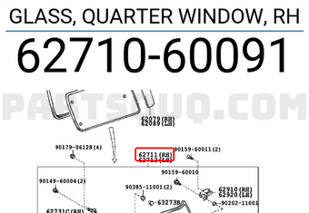 Toyota 6271060091 GLASS, QUARTER WINDOW, RH