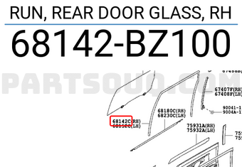 Toyota 68142BZ100 RUN, REAR DOOR GLASS, RH