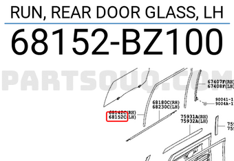 Toyota 68152BZ100 RUN, REAR DOOR GLASS, LH
