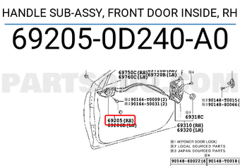 Toyota 692050D240A0 HANDLE SUB-ASSY, FRONT DOOR INSIDE, RH