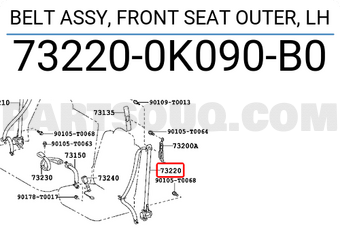Toyota 732200K090B0 BELT ASSY, FRONT SEAT OUTER, LH