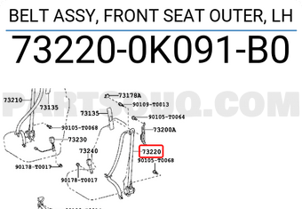 Toyota 732200K091B0 BELT ASSY, FRONT SEAT OUTER, LH