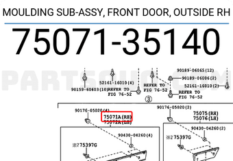 Toyota 7507135140 MOULDING SUB-ASSY, FRONT DOOR, OUTSIDE RH