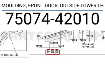 Toyota 7507442010 MOULDING, FRONT DOOR, OUTSIDE LOWER LH