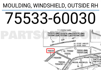 Toyota 7553360030 MOULDING, WINDSHIELD, OUTSIDE RH