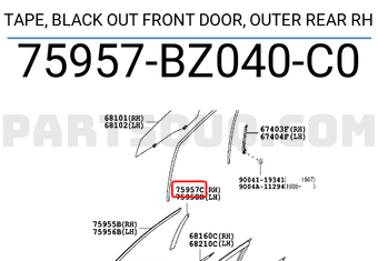 Toyota 75957BZ040C0 TAPE, BLACK OUT FRONT DOOR, OUTER REAR RH
