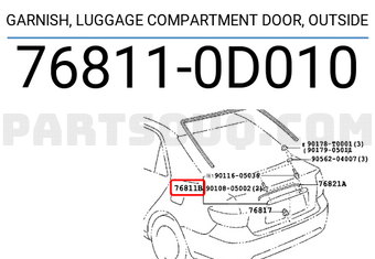 Toyota 768110D010 GARNISH, LUGGAGE COMPARTMENT DOOR, OUTSIDE