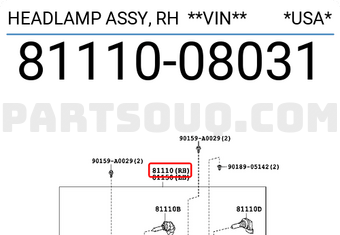 Toyota 8111008031 HEADLAMP ASSY, RH **VIN** *USA*
