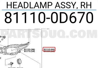 Toyota 811100D670 HEADLAMP ASSY, RH