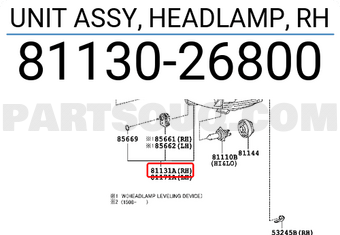 Toyota 8113026800 UNIT ASSY, HEADLAMP, RH