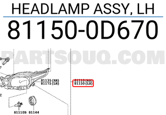 Toyota 811500D670 HEADLAMP ASSY, LH