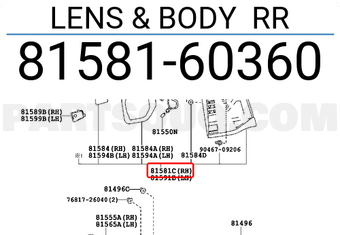 Toyota 8158160360 LENS & BODY RR