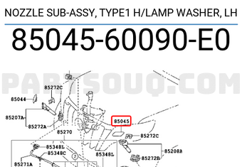 Toyota 8504560090E0 NOZZLE SUB-ASSY, TYPE1 H/LAMP WASHER, LH