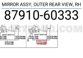 Toyota 8791060333 MIRROR ASSY, OUTER REAR VIEW, RH