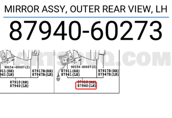 Toyota 8794060273 MIRROR ASSY, OUTER REAR VIEW, LH
