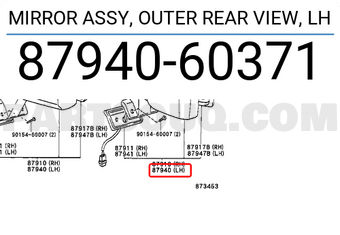 Toyota 8794060371 MIRROR ASSY, OUTER REAR VIEW, LH